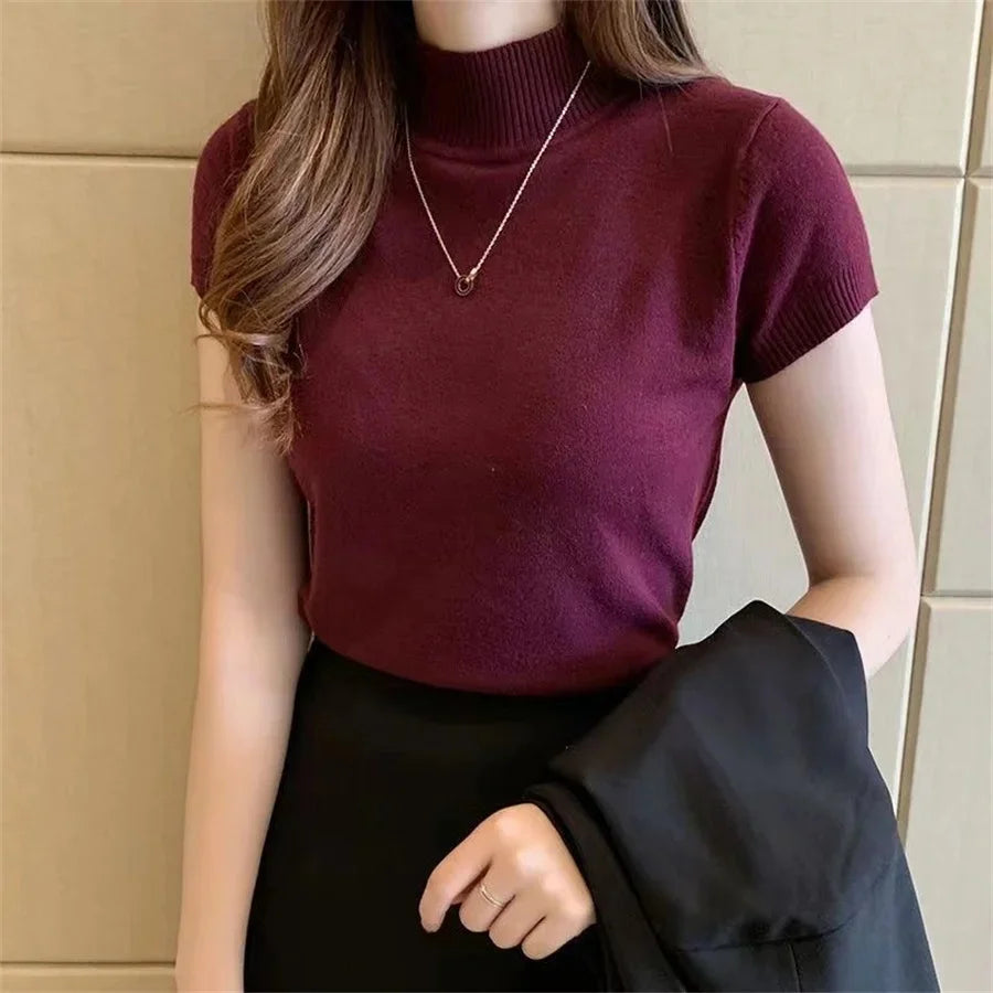 Women Spring Summer Knitted Pullover Sweater Lady Casual Turtleneck Solid Color Short Sleeve Blouse Pullover